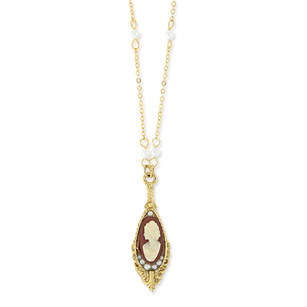 14K Gold Dipped Carnelian Cameo Drop Necklace 18 In.