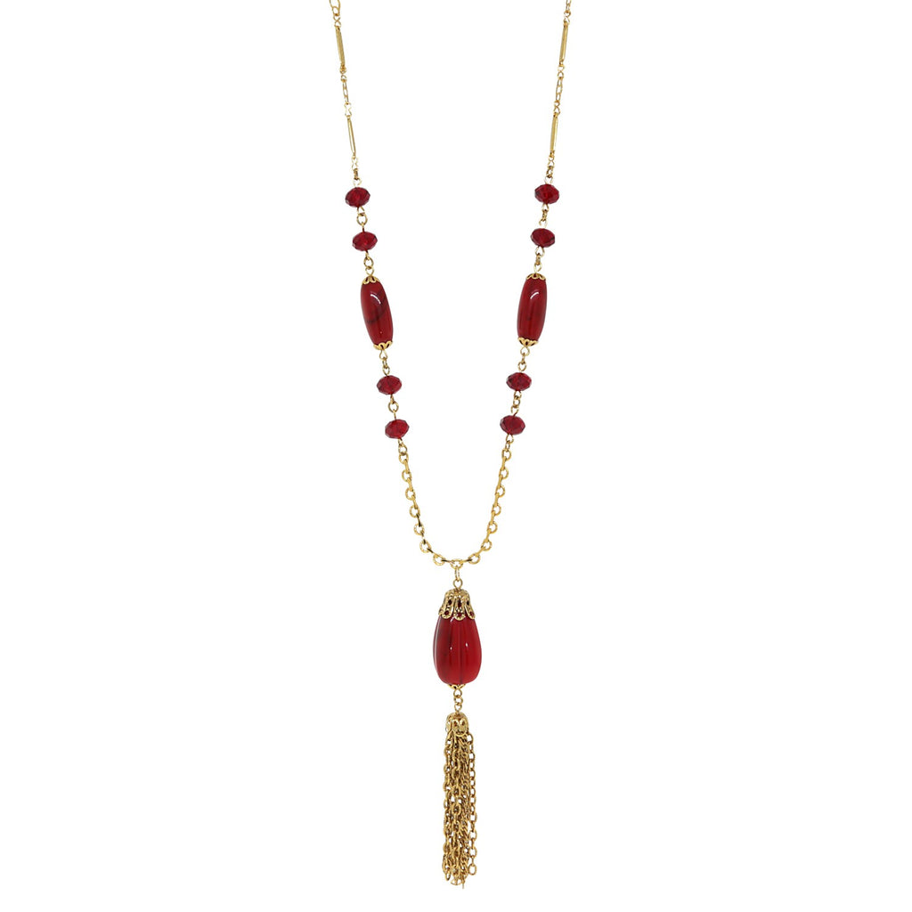 14K Gold Dipped Red Bead Tassel Necklace 30 Inches