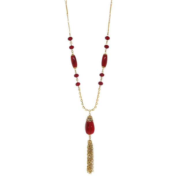 14K Gold Dipped Red Bead Tassel Necklace 30 Inches