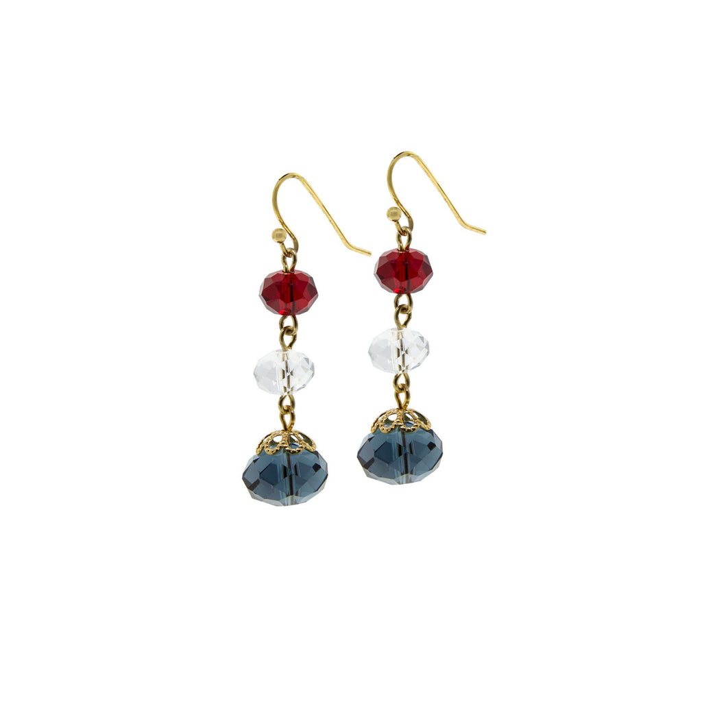 Gold Tone Red Clear Blue 3 Bead Drop Earring