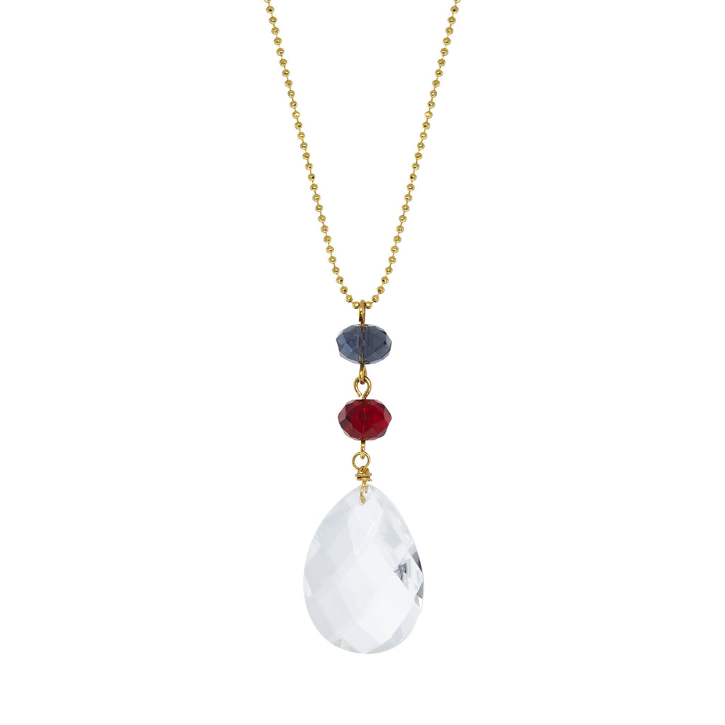 Gold Tone Blue Red Bead Clear Briolette Drop Necklace 20 In