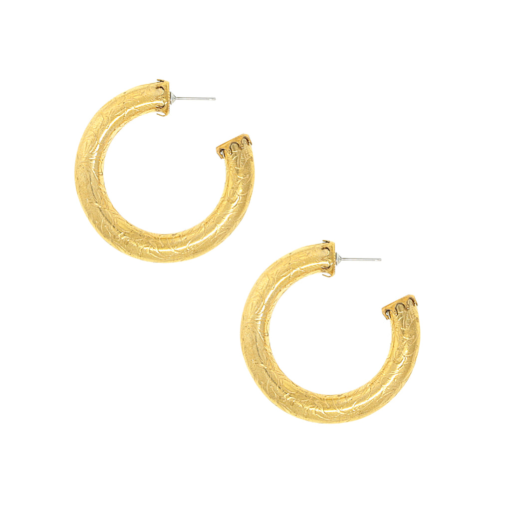 Gold Tone Detailed Designed Round Hoop Earrings