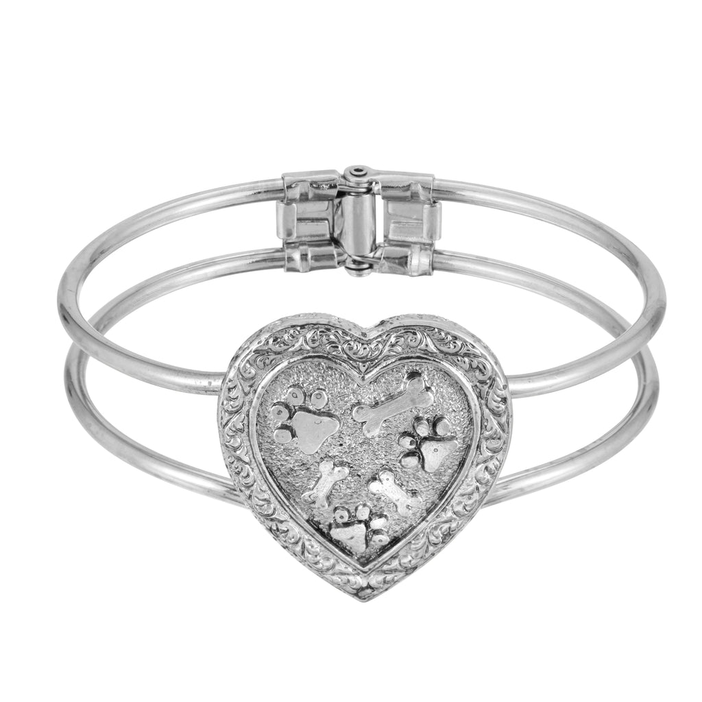 Pewter Heart Paws And Bones Cuff Bracelet