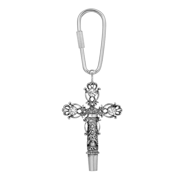Antiqued Pewter Crystal Cross Whistle Key Chain