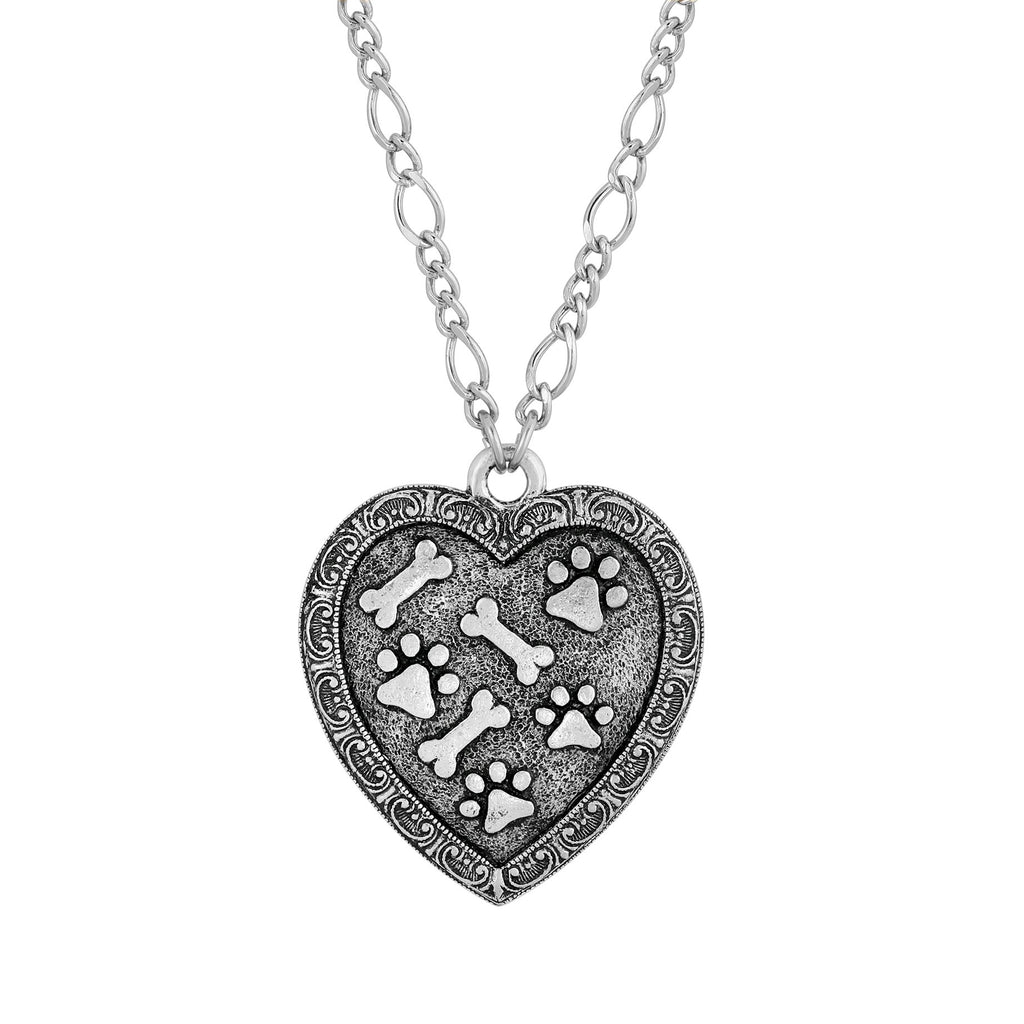Pewter Heart Paws And Bones Necklace 28 Inch