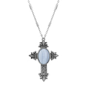 Blue Lace Oval Genuine Semi Precious Stone Intricate Cross Necklace 28 Inches