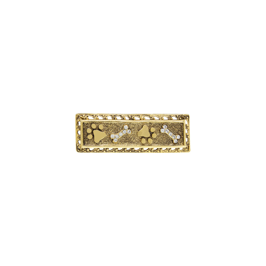 14K Gold Dipped Canis Paws And Crystal Bones Bar Pin