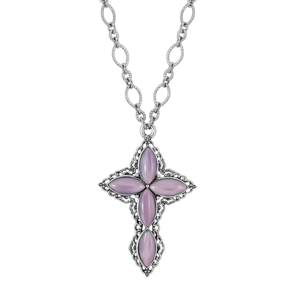Amethyst Moonstone Diamond Link Chain Pewter Cross Pendant Necklace 24 Inches