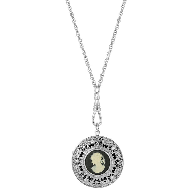 Cameo Round Ornate Filigree Pendant Locket Necklace 30 Inch In Silver