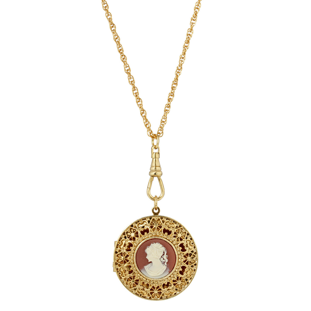 Cameo Round Ornate Filigree Pendant Locket Necklace 30 Inch In Gold