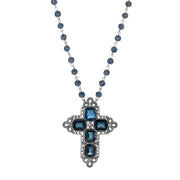 Antiqued Pewter Octagon Dark Blue German Glass Stones And Beaded Cross Necklace 16" + 3" Extender