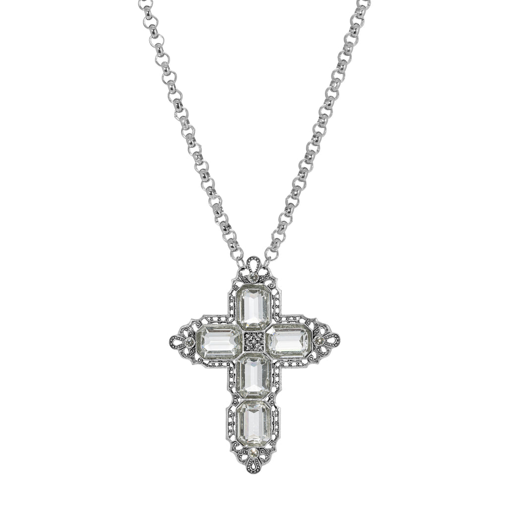 Regal Filigree Clear Crystal Cross Pendant Necklace, 30"