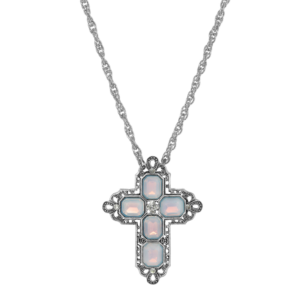 Regal Filigree Cloudy Peridot Crystal Cross Pendant Necklace, 30"