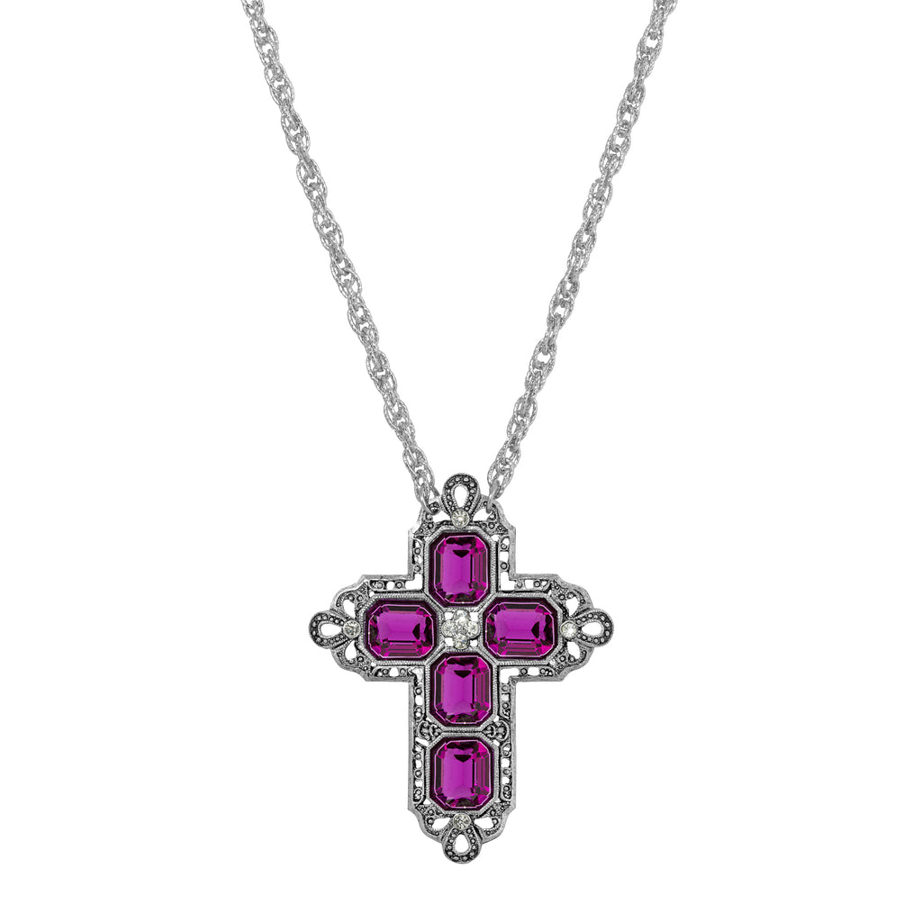 Regal Filigree Fuchsia Crystal Cross Pendant Necklace, 30"