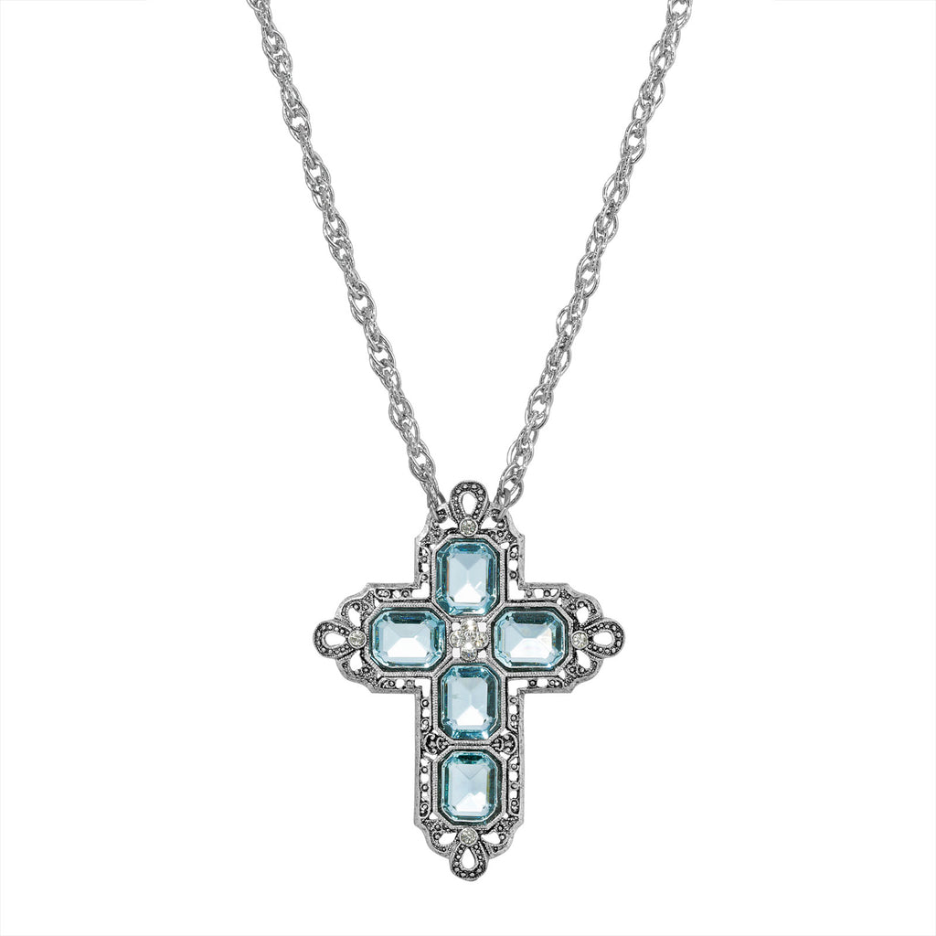 Light Blue Cinque Stone Crystal Accent Pendant Cross 20 Inch