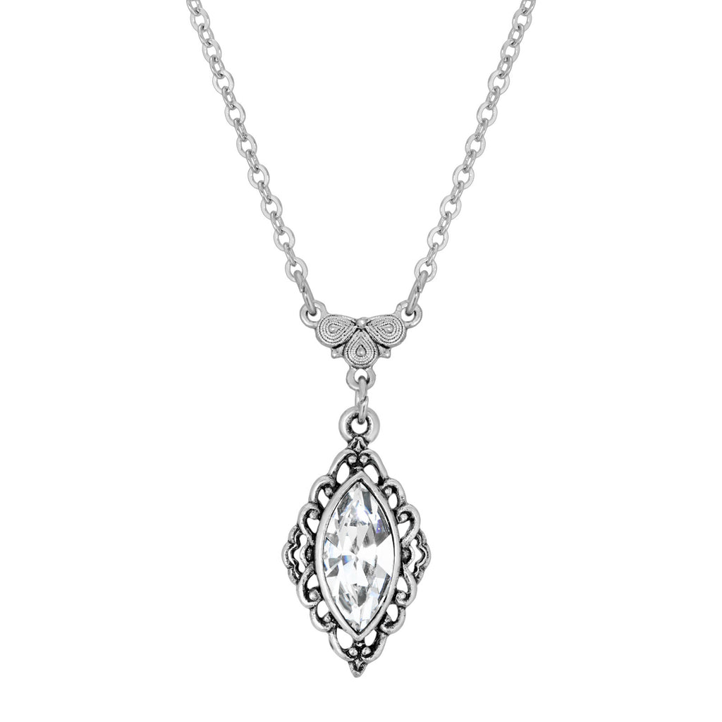 Antiqued Pewter Navette Crystal Drop Necklace 16   19 Inch Adjustable