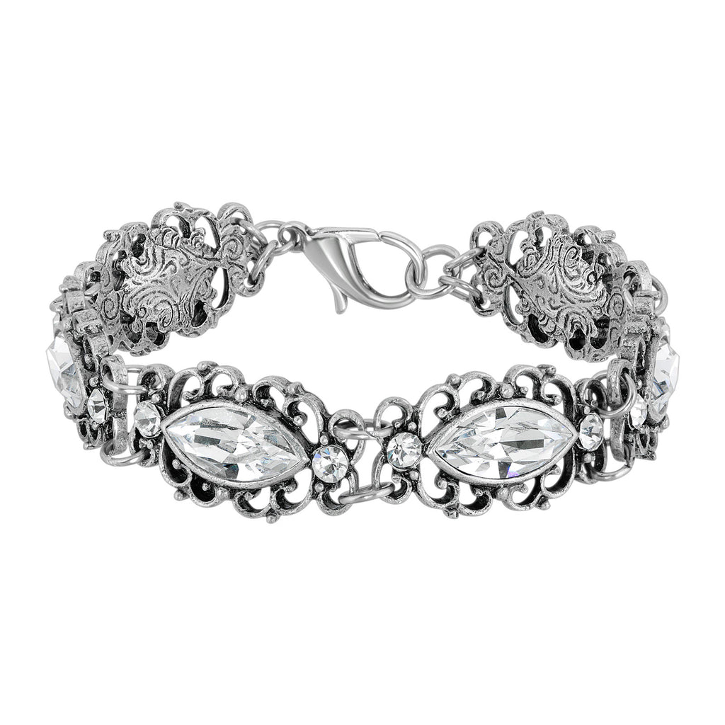 Silver Tone Navette Austrian Crystal Element Filigree Link Bracelet
