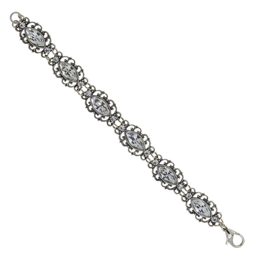 Open Silver Tone Navette Austrian Crystal Element Filigree Link Bracelet