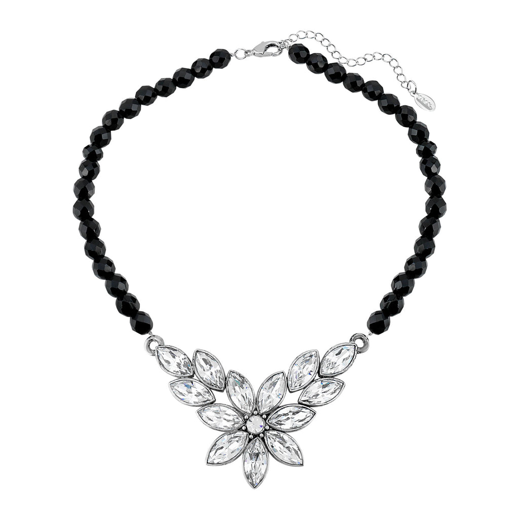 Austrian Crystal Element Flower & Black Glass Beaded Necklace 15 - 18 Inch Adjustable