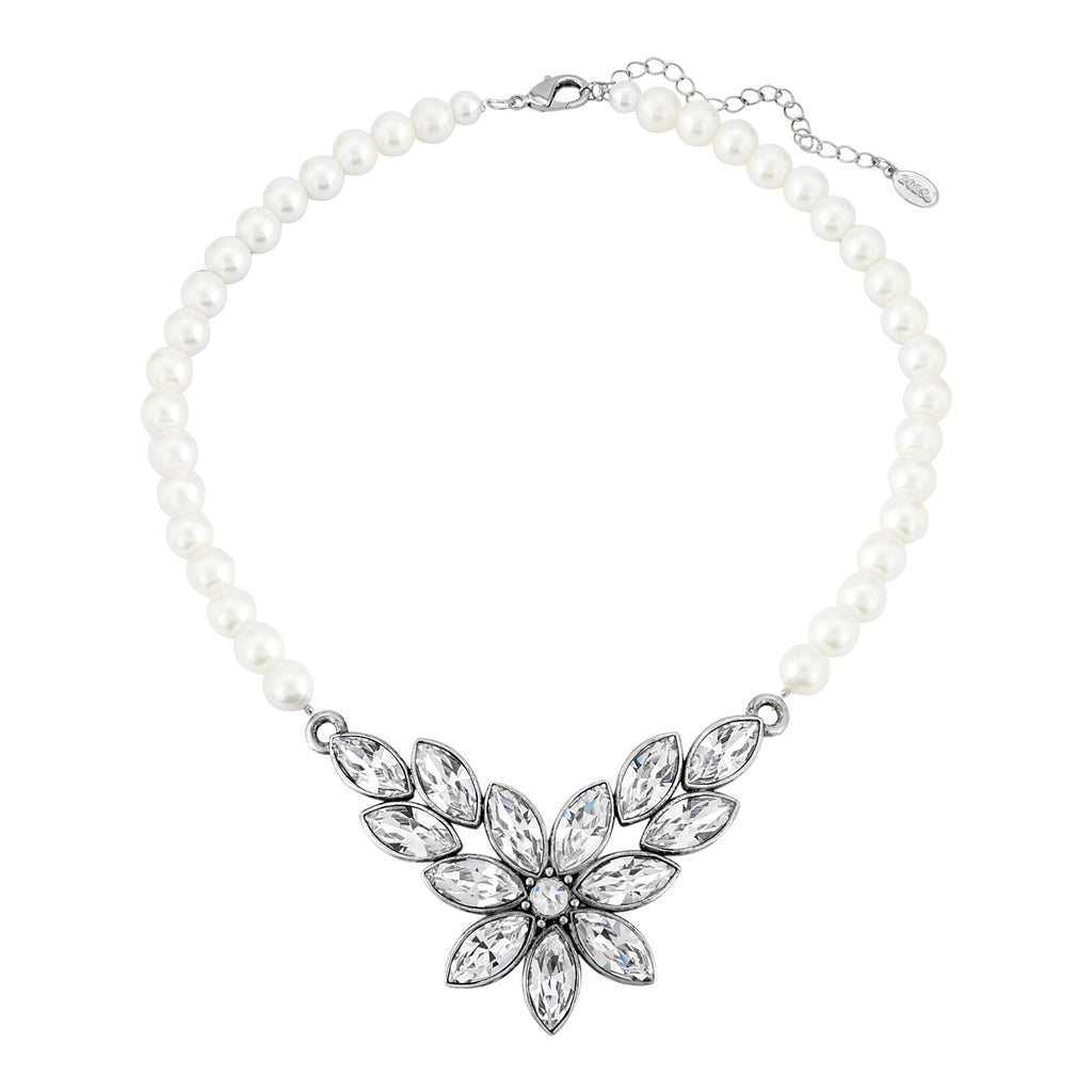 1928 jewelry silver tone swarovski crystal element flower black glass beaded necklace 15 18 inch adjustable