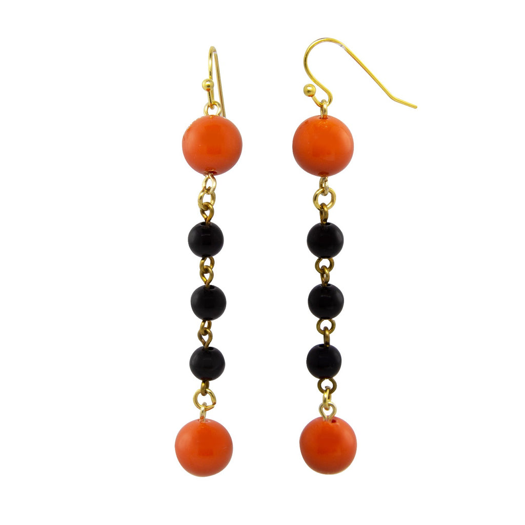 Black And Orange Beaded Linear Drop Wire Earrings