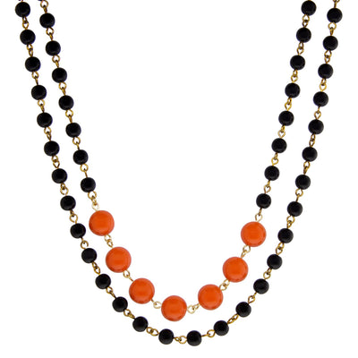 Gold Tone Double Strand Orange And Black Beaded Necklace 16   19 Inch Adjustable