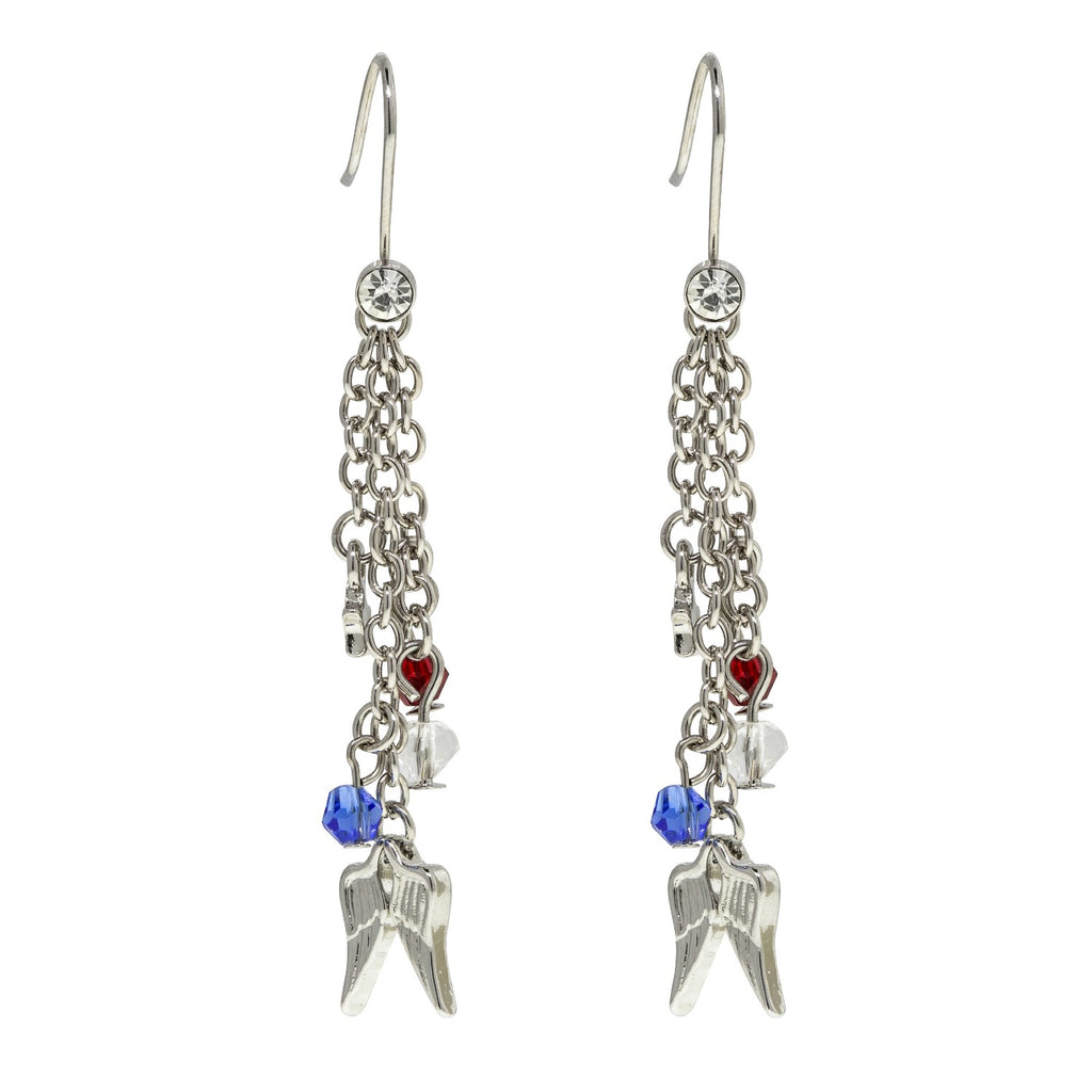 Silver Tone Red White Blue Drop Beads With Wings On Chain Earrings