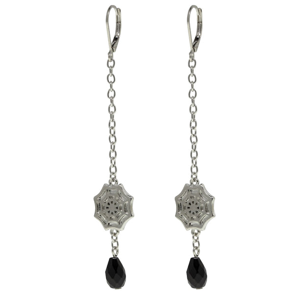 Silver Tone Drop Chain Spider Web With Black Bead Earring