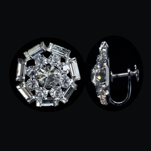 Silver Tone Swarovski Crystal Elements Button Screw Back Clip Earrings