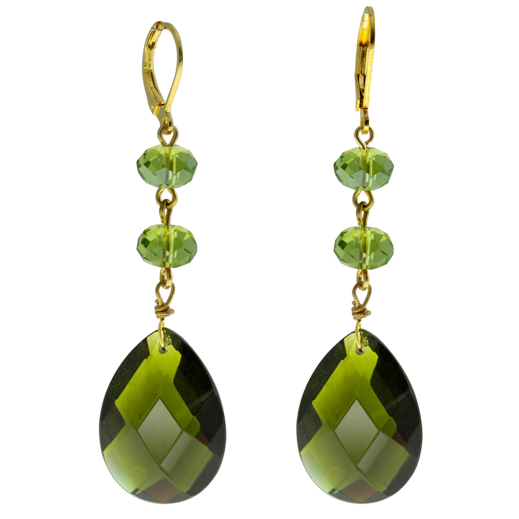 Dark Green Gold Tone Briolette Faceted Pear Shape Crystal And Bead Drop Earring