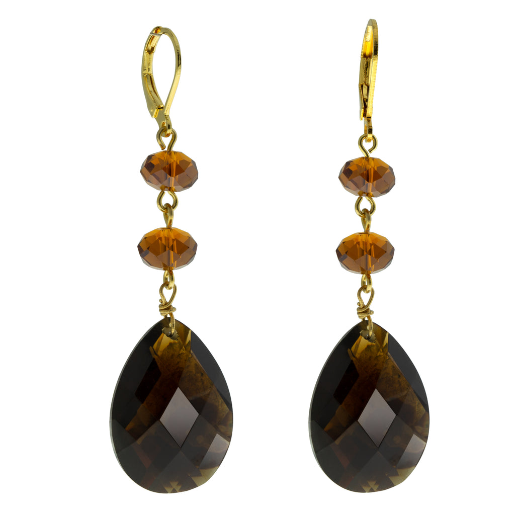 Brown Briolette Faceted Pear Shape Crystal And Bead Drop Earring