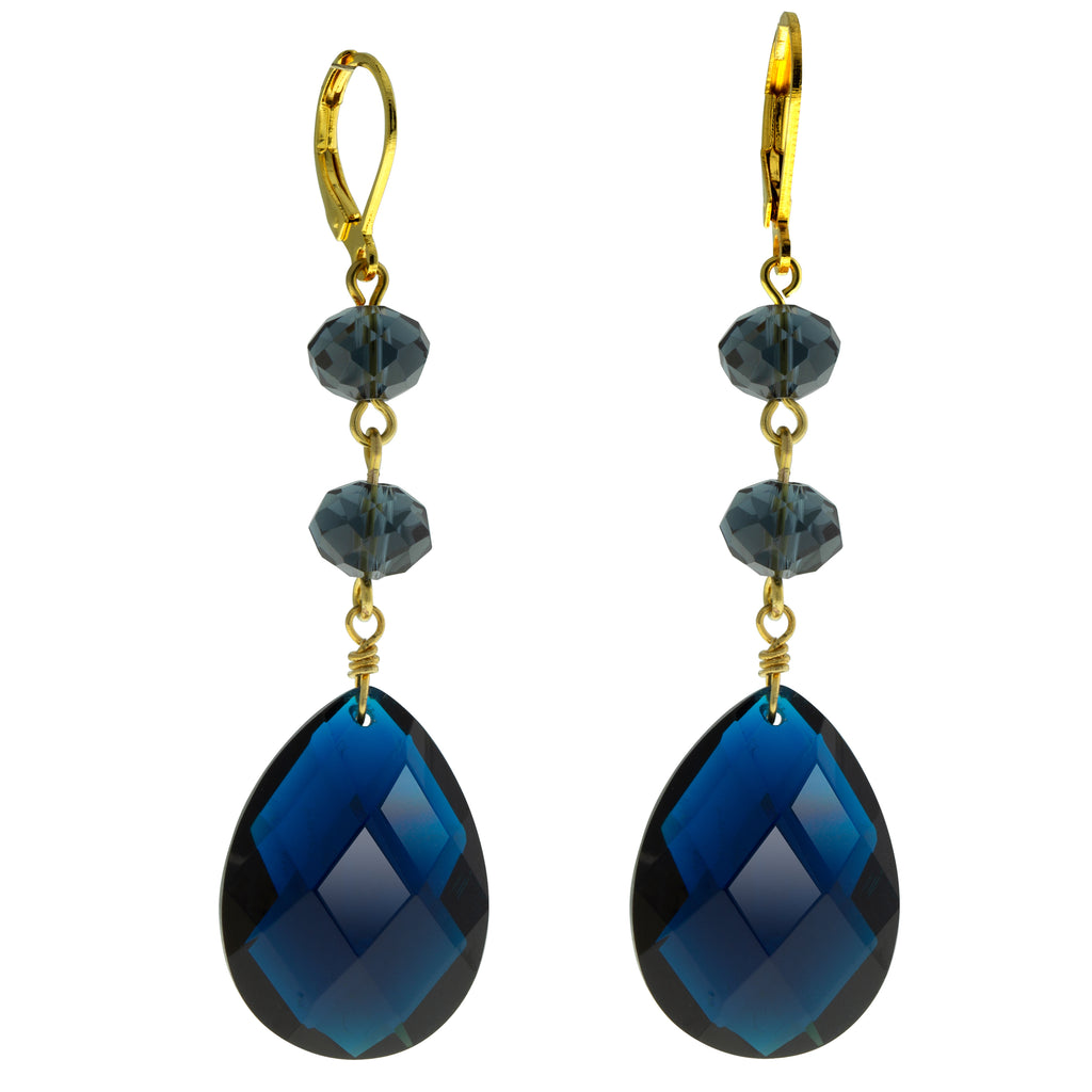 Dark Blue Briolette Faceted Pear Shape Crystal And Bead Drop Earring