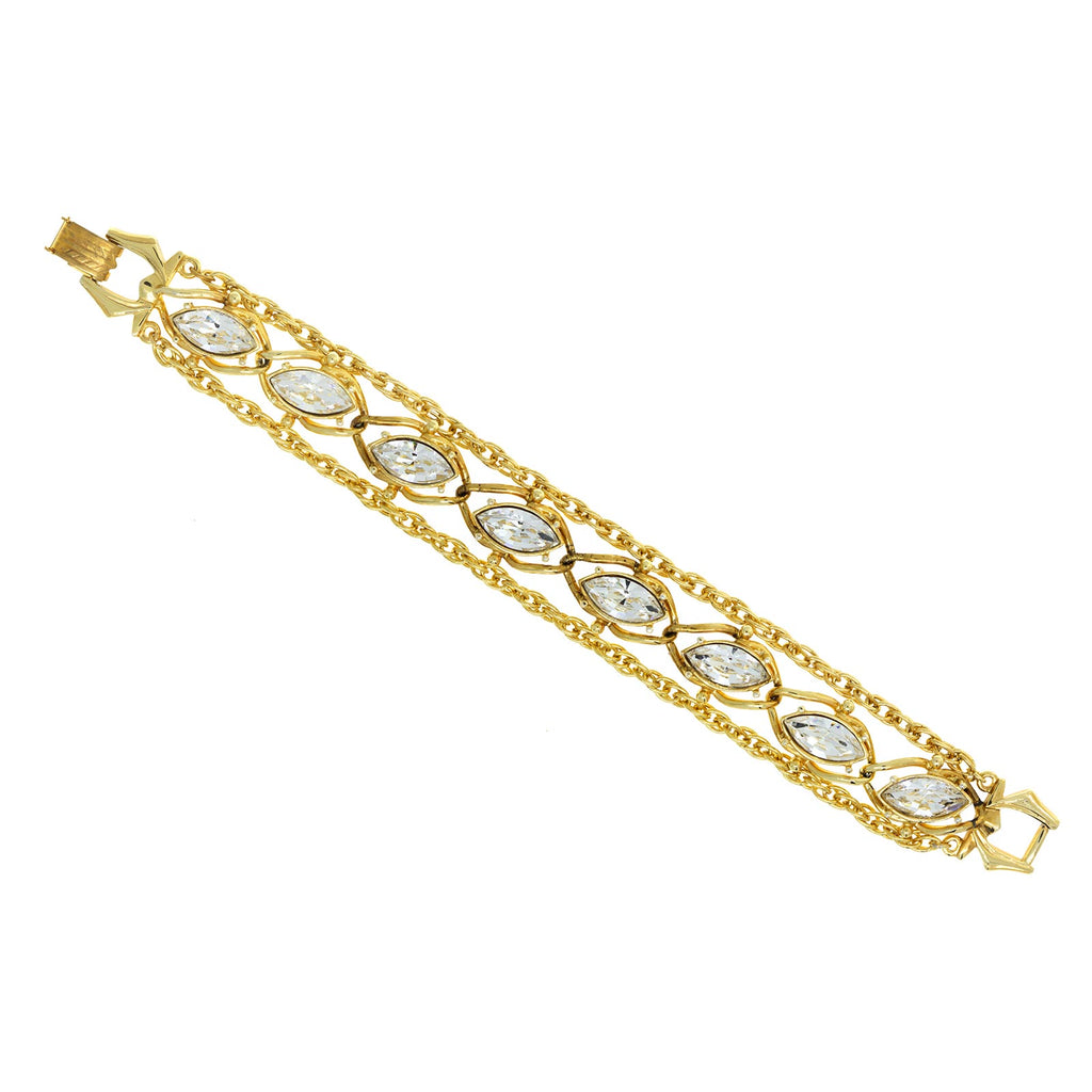 1928 14K Gold Dipped Navette Austrian Crystal Elements Chain Bracelet 8"L