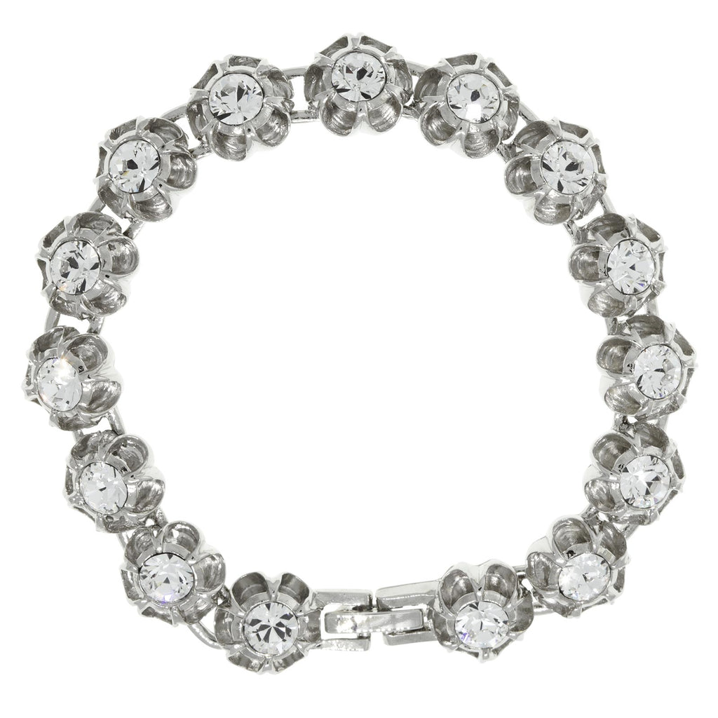 Silver Tone Round Brilliant Crystal Flower Clasp Bracelet. 7.25 Inch