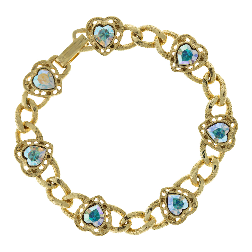 14K Gold Dipped Austrian Crystal AB Heart Chain Bracelet