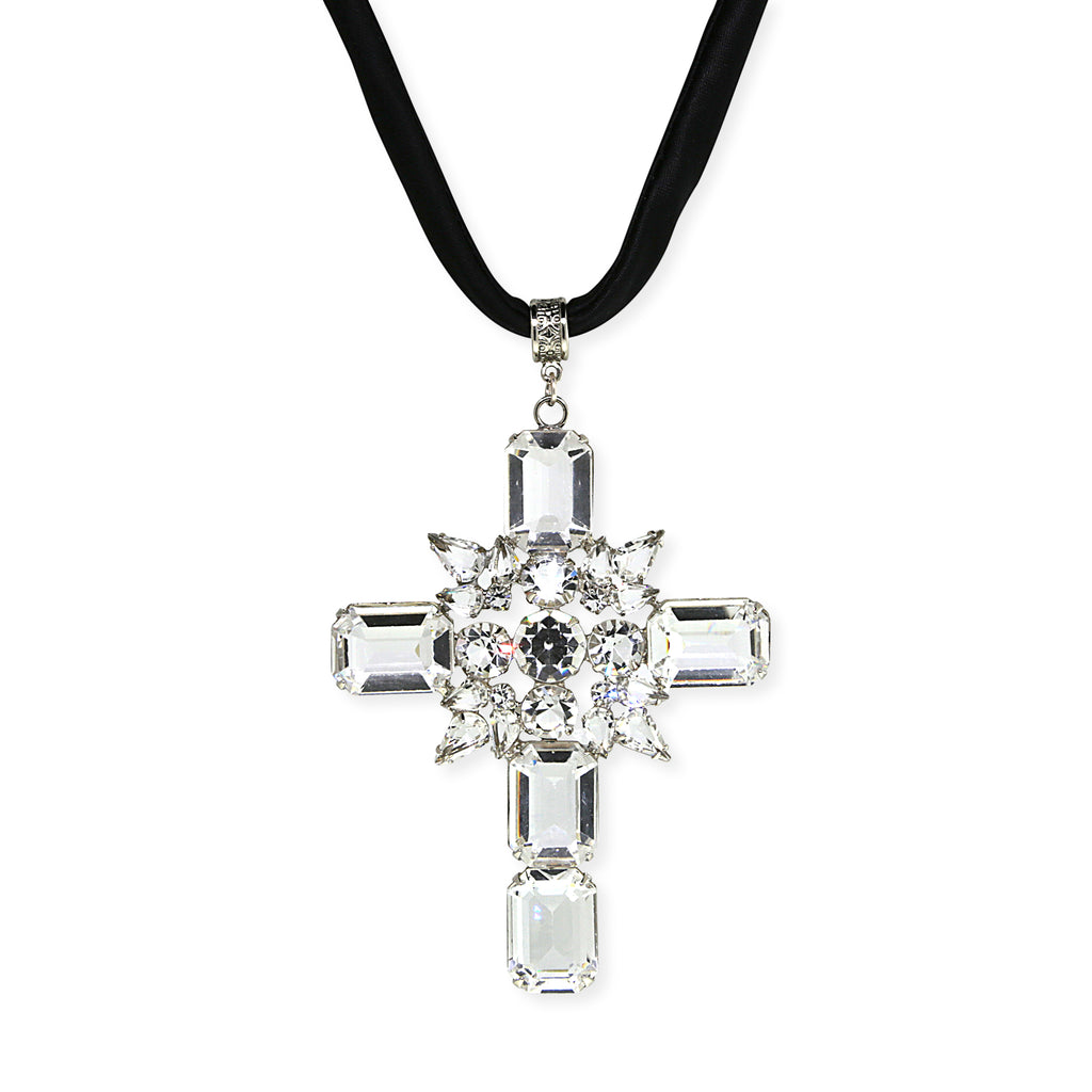 Silver Tone Austrian Crystal Cross Black Satin Cord Necklace 13 In. Adjustable