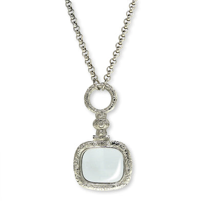 Silver Tone Retro Square Magnifying Glass Necklace 32 Inches