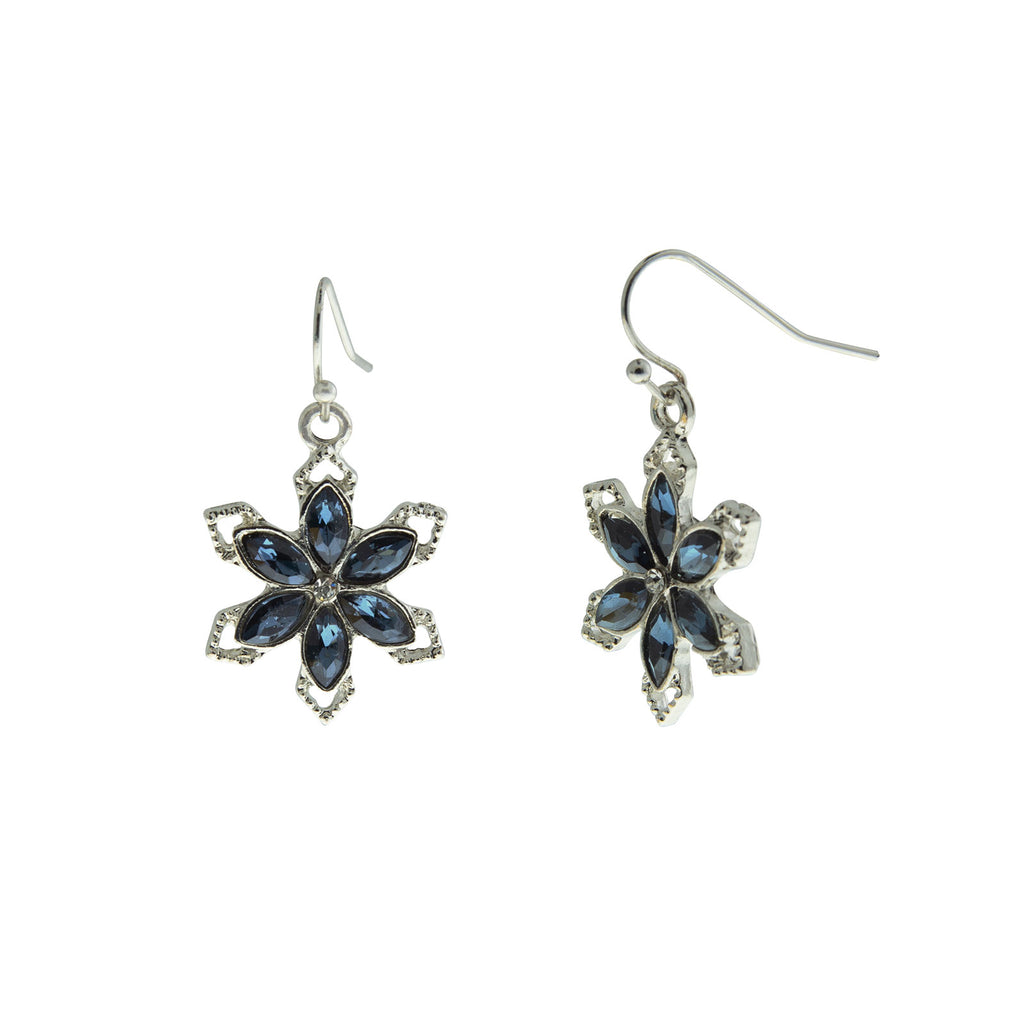 Silver Tone Saphire Blue Color Stone With Crystal Snowflake Earrings