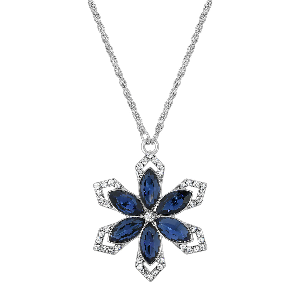 Silver Tone Crystal Sapphire Blue Color Stone Flower Necklace 16   19 Inch Adjustable