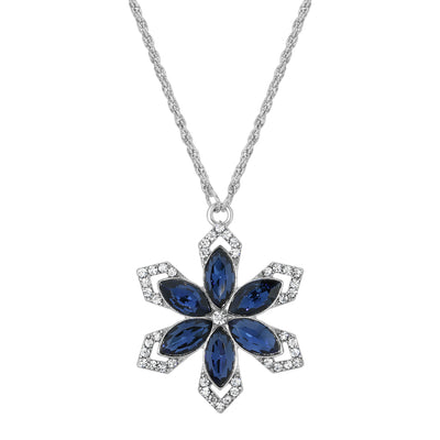 Silver Tone Crystal Sapphire Blue Color Stone Flower Necklace 16 - 19 Inch Adjustable