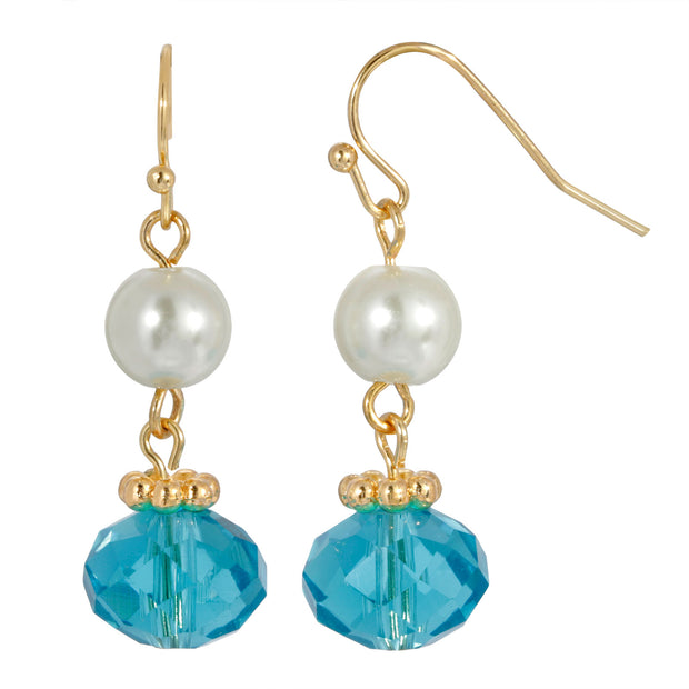 Gold Tone Light Blue Pearl Bead Drop Earrings