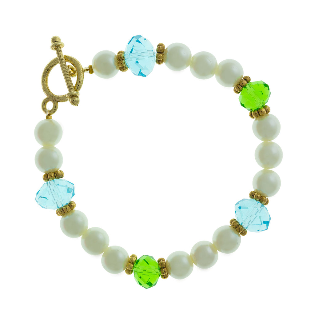 Faux Pearl Aqua And Green Bead Toggle Bracelet