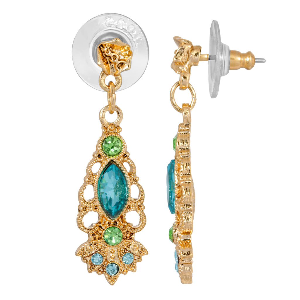 Gold Tone Aqua And Green Crystal Drop Earrings