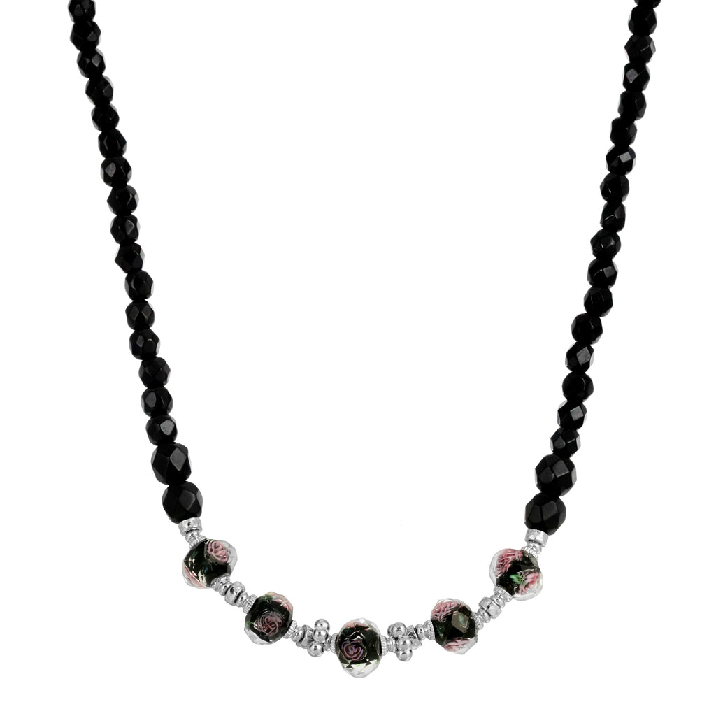 Silver Tone Black Floral Beaded Necklace 15   18 Inch Adjustable