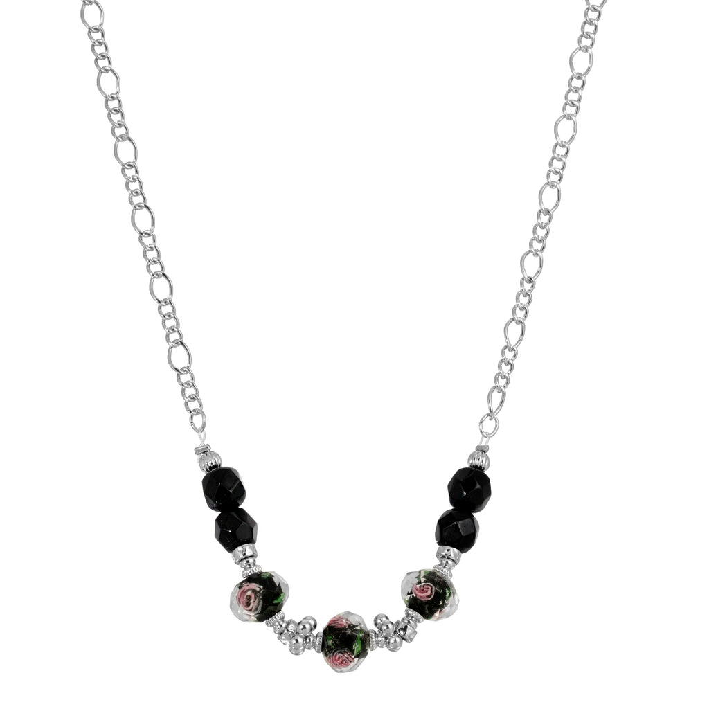 Silver Tone Black Floral Beaded Necklace 16   19 Inch Adjustable