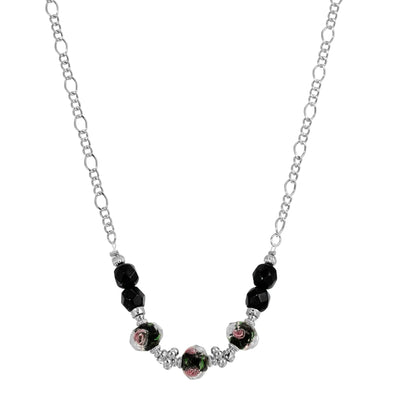 Silver Tone Black Floral Beaded Necklace 16 - 19 Inch Adjustable
