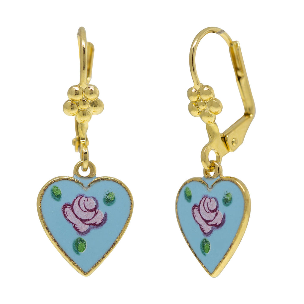 14K Gold Tone Dipped Blue Enamel Petite Heart Drop Earrings