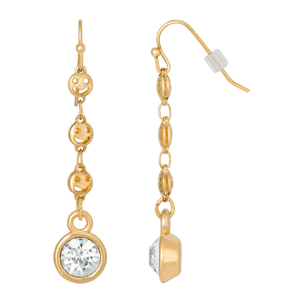 14K Gold Dipped Happy Face Chain Crystal Linear Drop Earring
