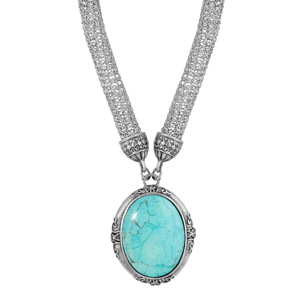 Turquoise Dyed White Howlite Signature Gemstone Oval Pendant Mesh Tube Chain Necklace 18 Inches