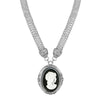 1928 Jewelry Signature Black Glass White Frost Cameo Pendant Mesh Tube Chain Necklace 18